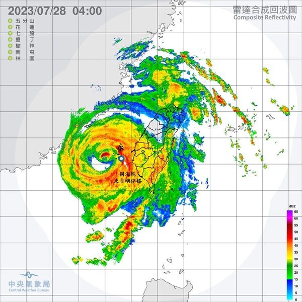 杜蘇芮颱風於112年7月28日穿越國海院東吉嶼浮標（雷達合成回波圖摘自中央氣象局）