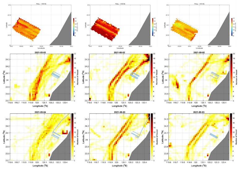 Noise map and ship vessel distribution at 315 Hz